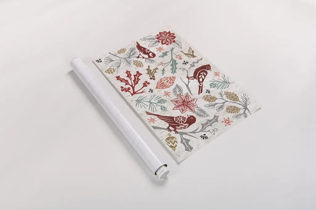 Woodcut Christmas II Color by Daphne Brissonnet. shown as a rolled paper print. Available as archival giclee rolled canvas, fine art paper, or poster print. SKU 69693i.