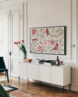 Woodcut Christmas II Color by Daphne Brissonnet. shown as a framed stretched canvas in a living room above a console. Available as a archival giclee rolled canvas, fine art paper, or poster print. SKU 69693i.