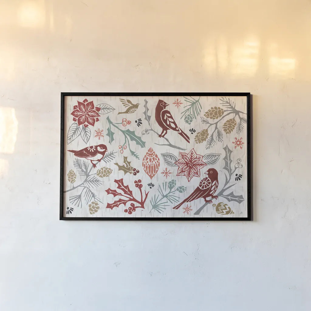 Woodcut Christmas II Color by Daphne Brissonnet. shown as a paper print in a black flame. Available as a archival giclee rolled canvas, fine art paper, or poster print. SKU 69693i.