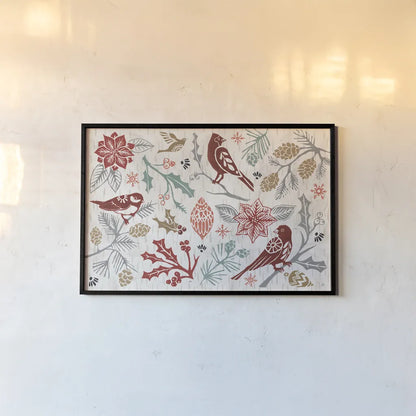 Woodcut Christmas II Color by Daphne Brissonnet. shown as a paper print in a black flame. Available as a archival giclee rolled canvas, fine art paper, or poster print. SKU 69693i.