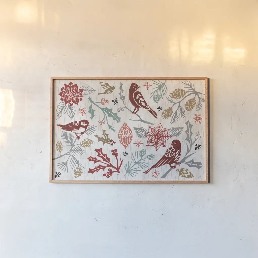 Woodcut Christmas II Color by Daphne Brissonnet. shown as a paper print in a natural frame. Available as a archival giclee rolled canvas, fine art paper, or poster print. SKU 69693i.