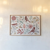 Woodcut Christmas II Color by Daphne Brissonnet. shown as a paper print in a natural frame. Available as a archival giclee rolled canvas, fine art paper, or poster print. SKU 69693i.