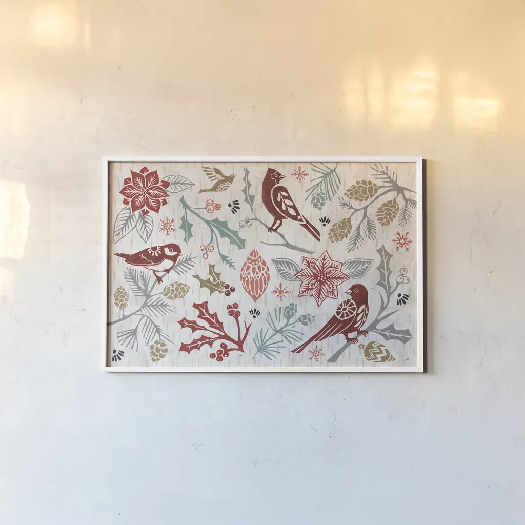 Woodcut Christmas II Color by Daphne Brissonnet. shown as a paper print in a white frame. Available as a archival giclee rolled canvas, fine art paper, or poster print. SKU 69693i.