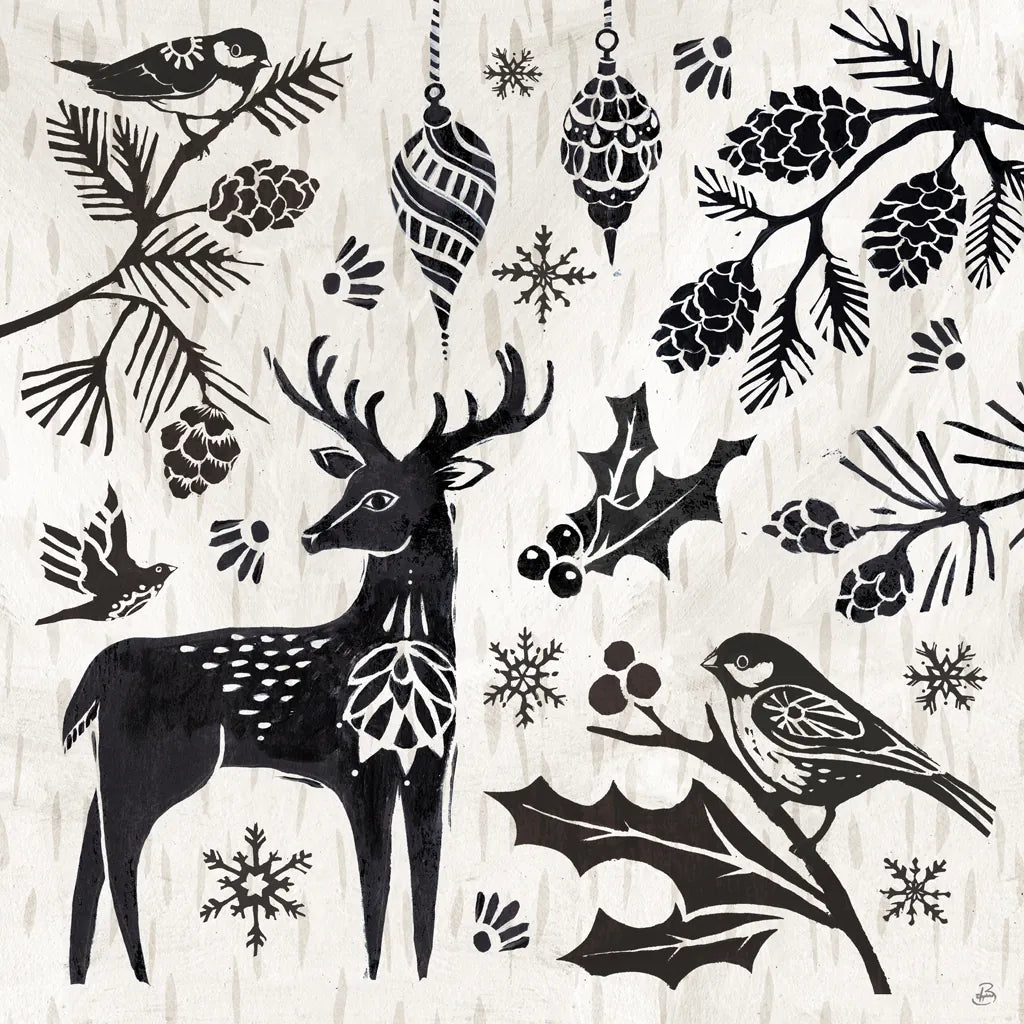 Woodcut Christmas III by Daphne Brissonnet. SKU 69682a. Archival Giclee Fine art print for wall decor.