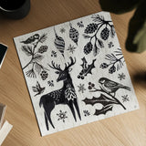 Woodcut Christmas III by Daphne Brissonnet. Shown as a detailed flat fine art print, highlighting archival giclee quality. Available as an archival giclee rolled canvas, fine art paper, or poster print. SKU 69682a.