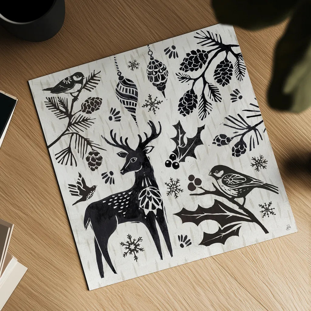 Woodcut Christmas III by Daphne Brissonnet. Shown as a detailed flat fine art print, highlighting archival giclee quality. Available as an archival giclee rolled canvas, fine art paper, or poster print. SKU 69682a.