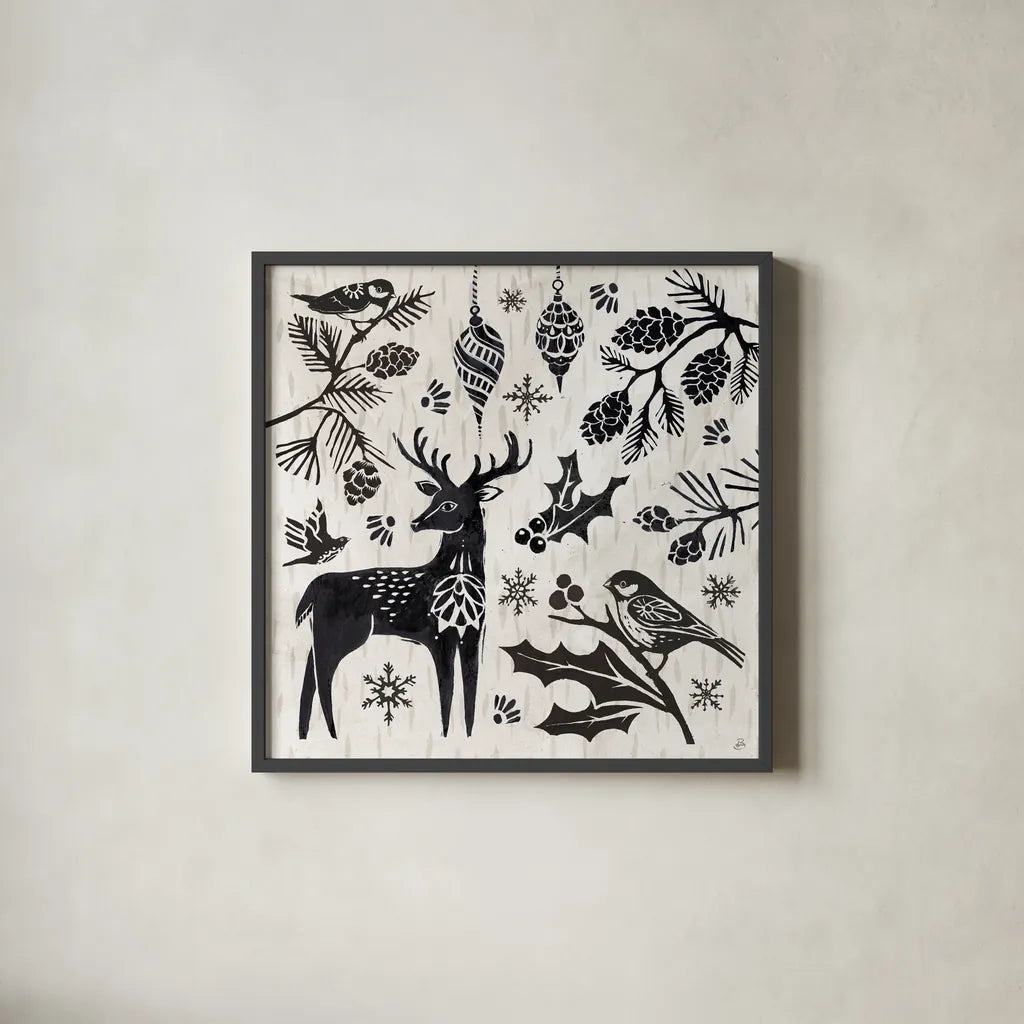 Woodcut Christmas III by Daphne Brissonnet. Shown in a sleek black glass frame for a contemporary gallery look. Available as an archival giclee rolled canvas, fine art paper, or poster print. SKU 69682a.