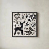 Woodcut Christmas III by Daphne Brissonnet. Shown in a sleek black glass frame for a contemporary gallery look. Available as an archival giclee rolled canvas, fine art paper, or poster print. SKU 69682a.