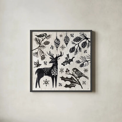 Woodcut Christmas III by Daphne Brissonnet. Shown in a sleek black glass frame for a contemporary gallery look. Available as an archival giclee rolled canvas, fine art paper, or poster print. SKU 69682a.