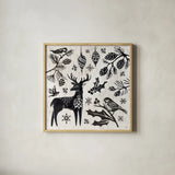 Woodcut Christmas III by Daphne Brissonnet. Shown in a natural wood glass frame for a timeless modern aesthetic. Available as an archival giclee rolled canvas, fine art paper, or poster print. SKU 69682a.