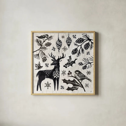 Woodcut Christmas III by Daphne Brissonnet. Shown in a natural wood glass frame for a timeless modern aesthetic. Available as an archival giclee rolled canvas, fine art paper, or poster print. SKU 69682a.