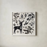 Woodcut Christmas III by Daphne Brissonnet. Shown in a crisp white glass frame for a clean and minimalist style. Available as an archival giclee rolled canvas, fine art paper, or poster print. SKU 69682a.
