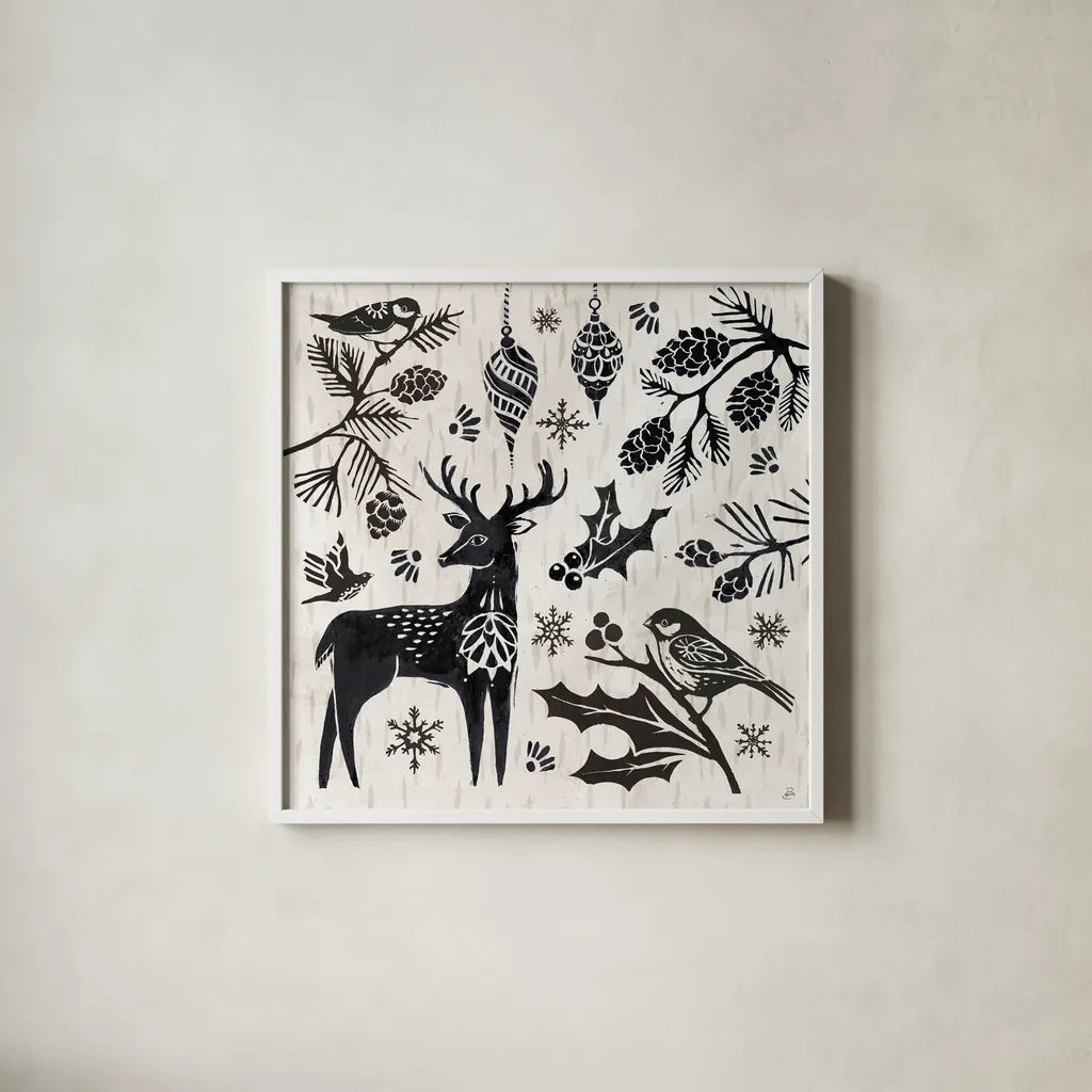 Woodcut Christmas III by Daphne Brissonnet. Shown in a crisp white glass frame for a clean and minimalist style. Available as an archival giclee rolled canvas, fine art paper, or poster print. SKU 69682a.