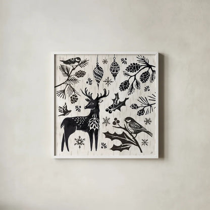 Woodcut Christmas III by Daphne Brissonnet. Shown in a crisp white glass frame for a clean and minimalist style. Available as an archival giclee rolled canvas, fine art paper, or poster print. SKU 69682a.