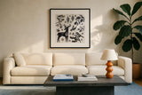 Woodcut Christmas III by Daphne Brissonnet. Displayed in a glass frame with matte in a clean modern living room. Available as an archival giclee rolled canvas, fine art paper, or poster print. SKU 69682a.