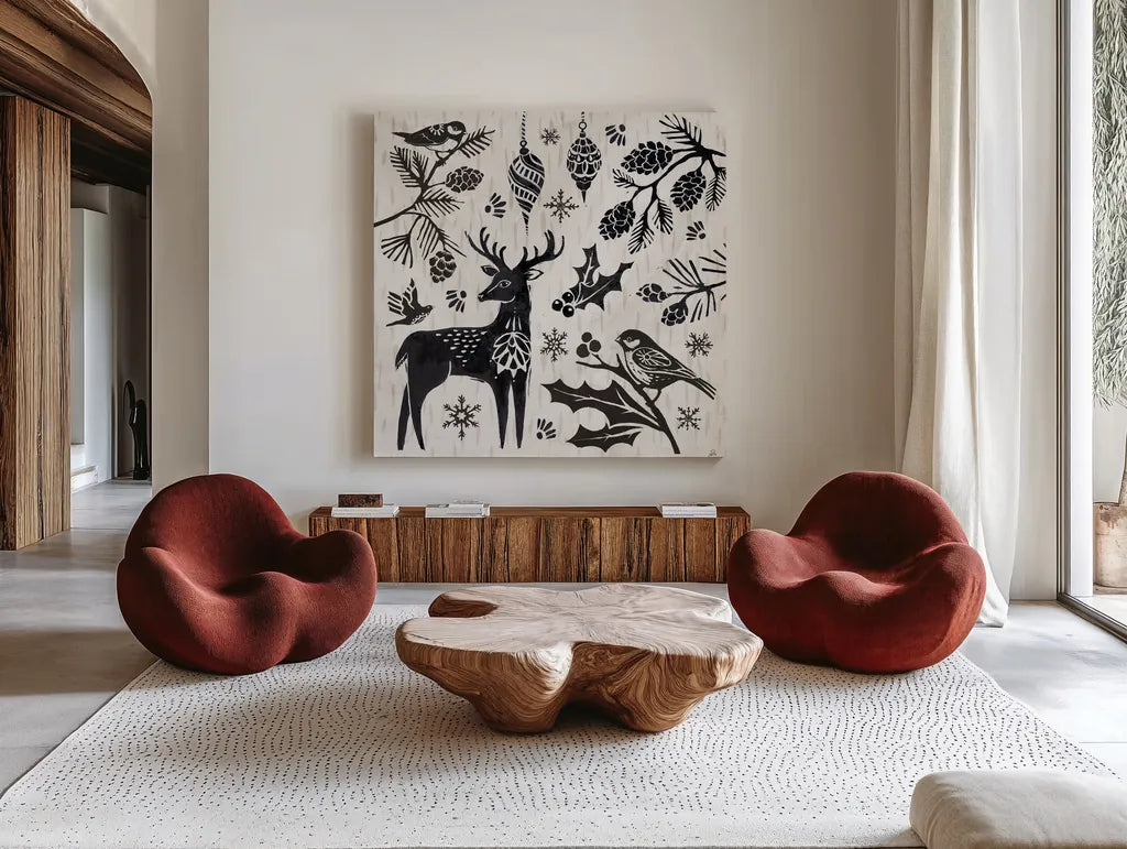 Woodcut Christmas III by Daphne Brissonnet. Shown as extra-large giant wall art in a modern living room. Available as an archival giclee rolled canvas, fine art paper, or poster print. SKU 69682a.