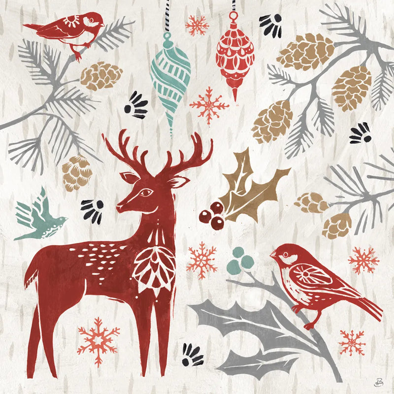 Woodcut Christmas III Color by Daphne Brissonnet. SKU 69694a. Archival Giclee Fine art print for wall decor.