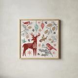Woodcut Christmas III Color by Daphne Brissonnet. Shown in a natural wood glass frame for a timeless modern aesthetic. Available as an archival giclee rolled canvas, fine art paper, or poster print. SKU 69694a.