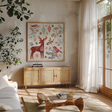Woodcut Christmas III Color by Daphne Brissonnet. Shown in a natural wood frame in a cozy modern living room. Available as an archival giclee rolled canvas, fine art paper, or poster print. SKU 69694a.