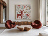 Woodcut Christmas III Color by Daphne Brissonnet. Shown as extra-large giant wall art in a modern living room. Available as an archival giclee rolled canvas, fine art paper, or poster print. SKU 69694a.