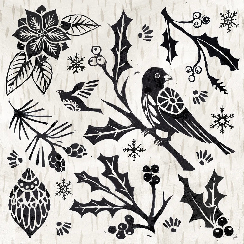 Woodcut Christmas IV by Daphne Brissonnet. SKU 69683a. Archival Giclee Fine art print for wall decor.