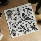 Woodcut Christmas IV by Daphne Brissonnet. Shown as a detailed flat fine art print, highlighting archival giclee quality. Available as an archival giclee rolled canvas, fine art paper, or poster print. SKU 69683a.