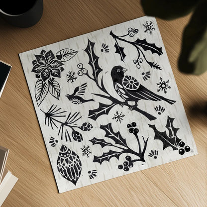 Woodcut Christmas IV by Daphne Brissonnet. Shown as a detailed flat fine art print, highlighting archival giclee quality. Available as an archival giclee rolled canvas, fine art paper, or poster print. SKU 69683a.