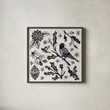 Woodcut Christmas IV by Daphne Brissonnet. Shown in a sleek black glass frame for a contemporary gallery look. Available as an archival giclee rolled canvas, fine art paper, or poster print. SKU 69683a.