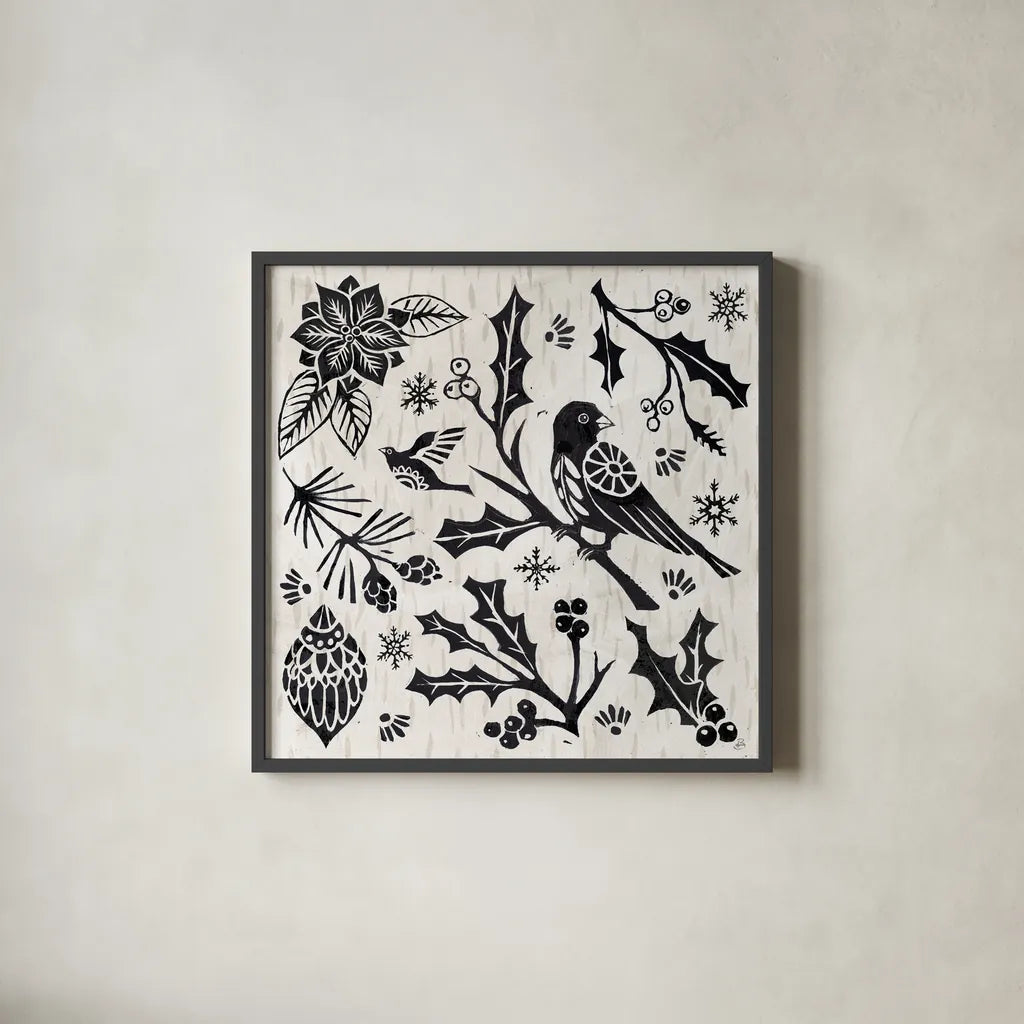 Woodcut Christmas IV by Daphne Brissonnet. Shown in a sleek black glass frame for a contemporary gallery look. Available as an archival giclee rolled canvas, fine art paper, or poster print. SKU 69683a.