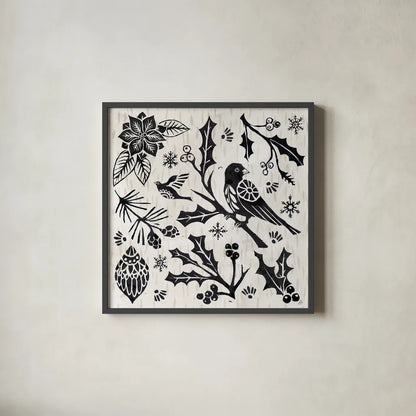 Woodcut Christmas IV by Daphne Brissonnet. Shown in a sleek black glass frame for a contemporary gallery look. Available as an archival giclee rolled canvas, fine art paper, or poster print. SKU 69683a.