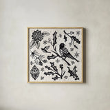 Woodcut Christmas IV by Daphne Brissonnet. Shown in a natural wood glass frame for a timeless modern aesthetic. Available as an archival giclee rolled canvas, fine art paper, or poster print. SKU 69683a.