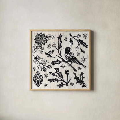 Woodcut Christmas IV by Daphne Brissonnet. Shown in a natural wood glass frame for a timeless modern aesthetic. Available as an archival giclee rolled canvas, fine art paper, or poster print. SKU 69683a.