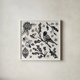 Woodcut Christmas IV by Daphne Brissonnet. Shown in a crisp white glass frame for a clean and minimalist style. Available as an archival giclee rolled canvas, fine art paper, or poster print. SKU 69683a.