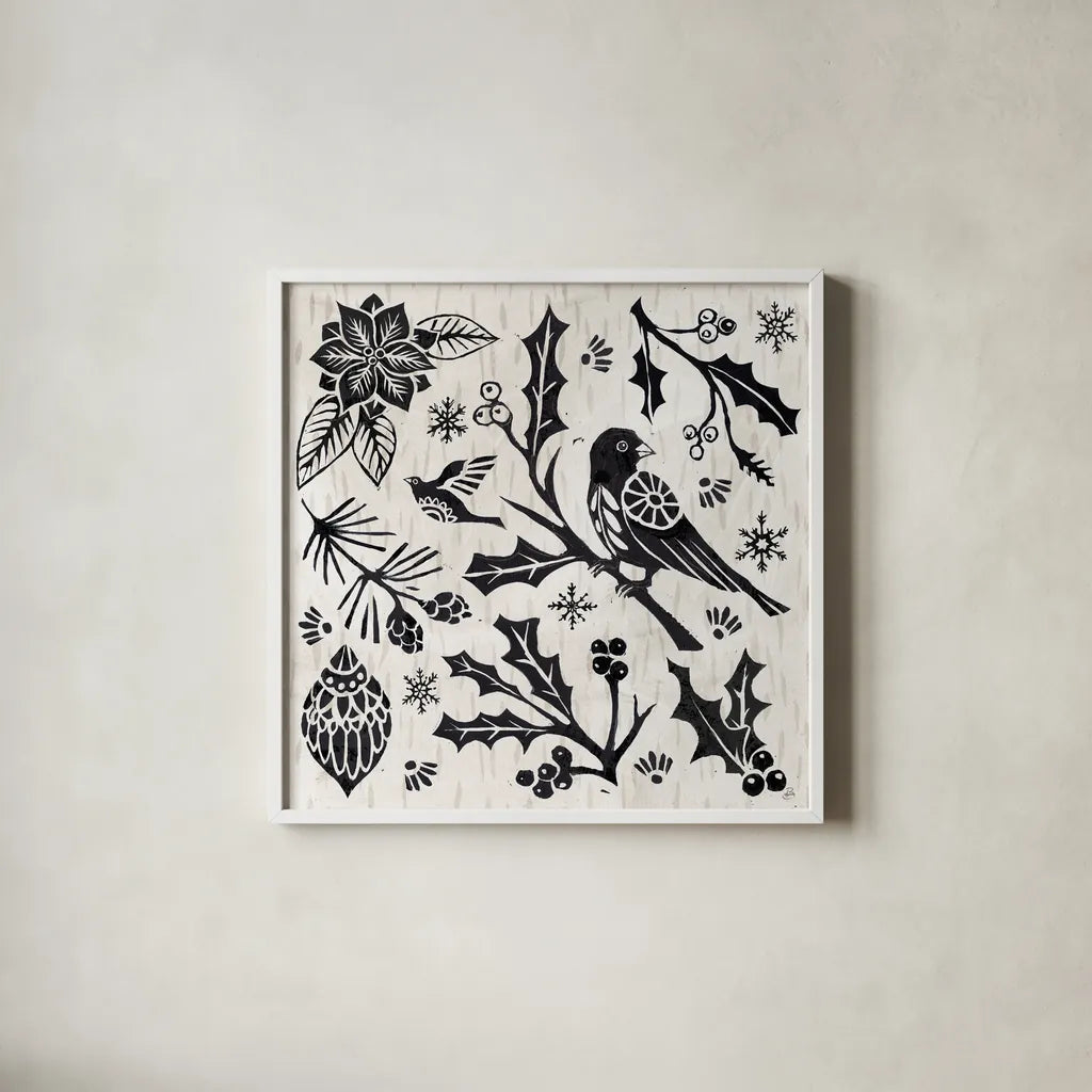 Woodcut Christmas IV by Daphne Brissonnet. Shown in a crisp white glass frame for a clean and minimalist style. Available as an archival giclee rolled canvas, fine art paper, or poster print. SKU 69683a.