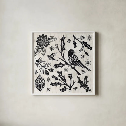 Woodcut Christmas IV by Daphne Brissonnet. Shown in a crisp white glass frame for a clean and minimalist style. Available as an archival giclee rolled canvas, fine art paper, or poster print. SKU 69683a.