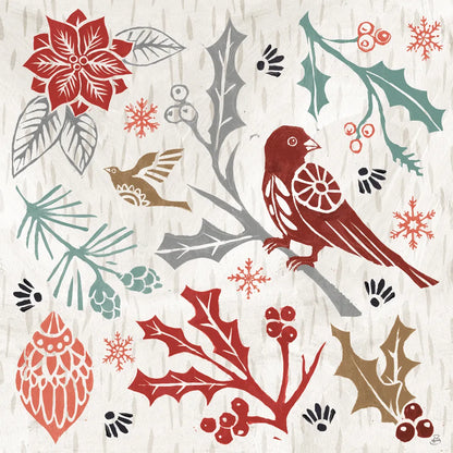 Woodcut Christmas IV Color by Daphne Brissonnet. SKU 69695a. Archival Giclee Fine art print for wall decor.