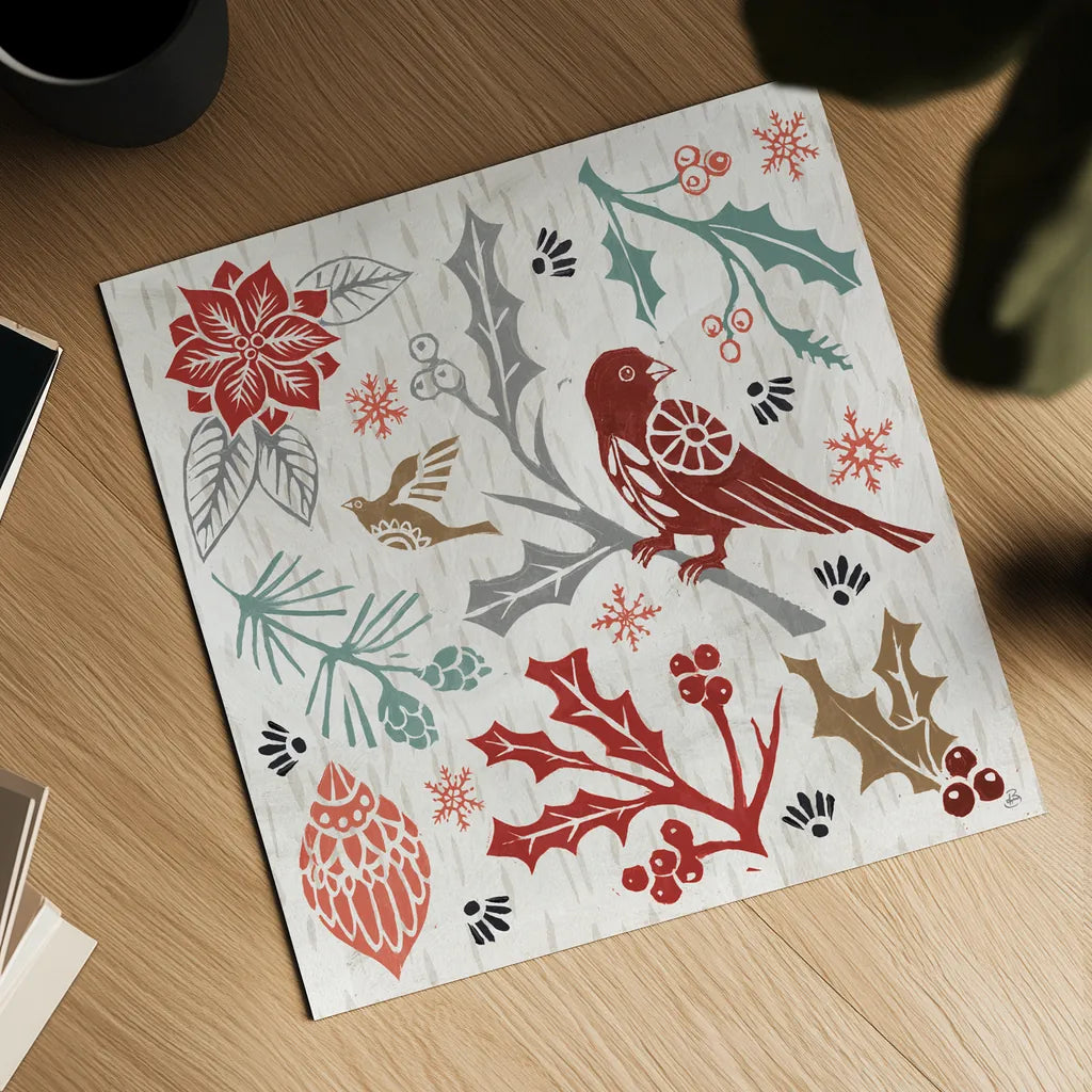 Woodcut Christmas IV Color by Daphne Brissonnet. Shown as a detailed flat fine art print, highlighting archival giclee quality. Available as an archival giclee rolled canvas, fine art paper, or poster print. SKU 69695a.