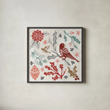 Woodcut Christmas IV Color by Daphne Brissonnet. Shown in a sleek black glass frame for a contemporary gallery look. Available as an archival giclee rolled canvas, fine art paper, or poster print. SKU 69695a.