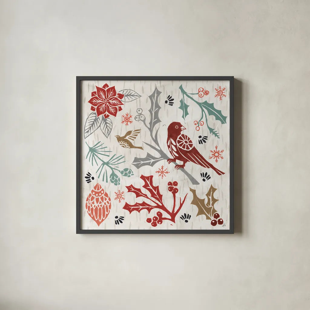 Woodcut Christmas IV Color by Daphne Brissonnet. Shown in a sleek black glass frame for a contemporary gallery look. Available as an archival giclee rolled canvas, fine art paper, or poster print. SKU 69695a.