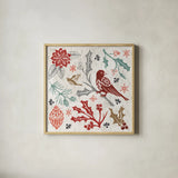 Woodcut Christmas IV Color by Daphne Brissonnet. Shown in a natural wood glass frame for a timeless modern aesthetic. Available as an archival giclee rolled canvas, fine art paper, or poster print. SKU 69695a.