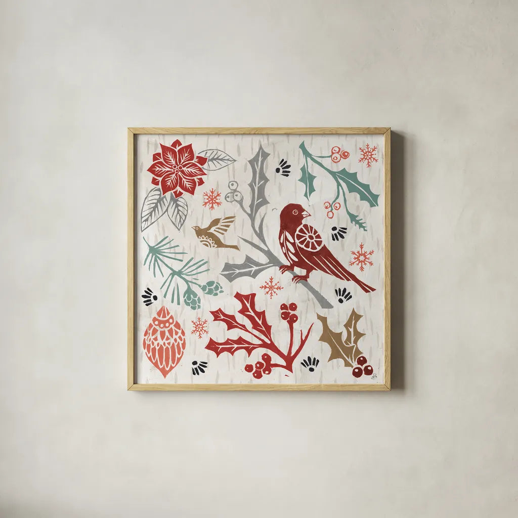 Woodcut Christmas IV Color by Daphne Brissonnet. Shown in a natural wood glass frame for a timeless modern aesthetic. Available as an archival giclee rolled canvas, fine art paper, or poster print. SKU 69695a.