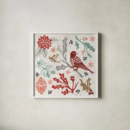 Woodcut Christmas IV Color by Daphne Brissonnet. Shown in a crisp white glass frame for a clean and minimalist style. Available as an archival giclee rolled canvas, fine art paper, or poster print. SKU 69695a.