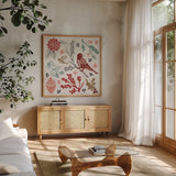 Woodcut Christmas IV Color by Daphne Brissonnet. Shown in a natural wood frame in a cozy modern living room. Available as an archival giclee rolled canvas, fine art paper, or poster print. SKU 69695a.