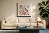 Woodcut Christmas IV Color by Daphne Brissonnet. Displayed in a glass frame with matte in a clean modern living room. Available as an archival giclee rolled canvas, fine art paper, or poster print. SKU 69695a.