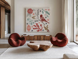 Woodcut Christmas IV Color by Daphne Brissonnet. Shown as extra-large giant wall art in a modern living room. Available as an archival giclee rolled canvas, fine art paper, or poster print. SKU 69695a.