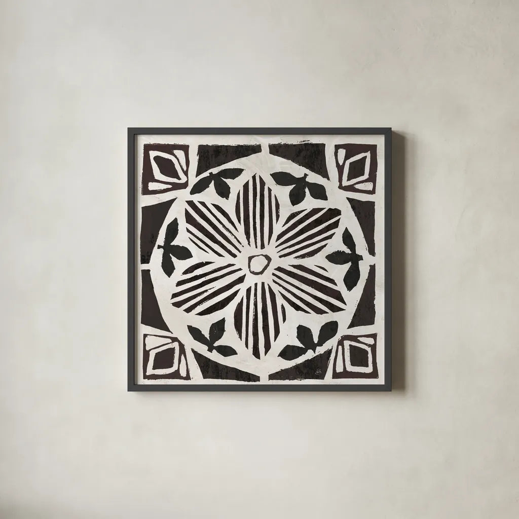 Woodcut Christmas IX by Daphne Brissonnet. Shown in a sleek black glass frame for a contemporary gallery look. Available as an archival giclee rolled canvas, fine art paper, or poster print. SKU 69688a.