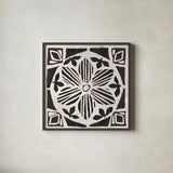 Woodcut Christmas IX by Daphne Brissonnet. Shown in a sleek black glass frame for a contemporary gallery look. Available as an archival giclee rolled canvas, fine art paper, or poster print. SKU 69688a.