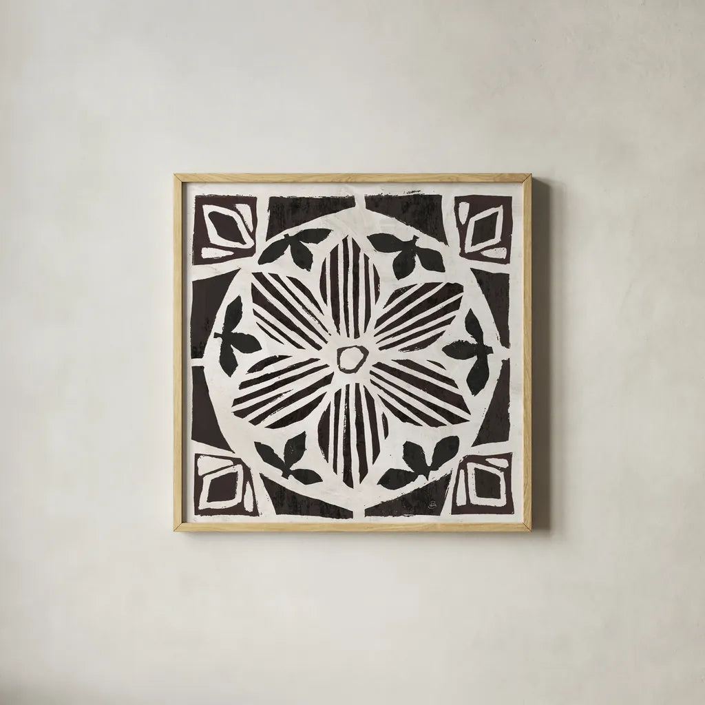 Woodcut Christmas IX by Daphne Brissonnet. Shown in a natural wood glass frame for a timeless modern aesthetic. Available as an archival giclee rolled canvas, fine art paper, or poster print. SKU 69688a.