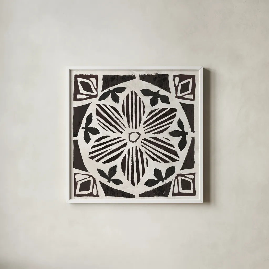 Woodcut Christmas IX by Daphne Brissonnet. Shown in a crisp white glass frame for a clean and minimalist style. Available as an archival giclee rolled canvas, fine art paper, or poster print. SKU 69688a.