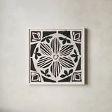 Woodcut Christmas IX by Daphne Brissonnet. Shown in a crisp white glass frame for a clean and minimalist style. Available as an archival giclee rolled canvas, fine art paper, or poster print. SKU 69688a.